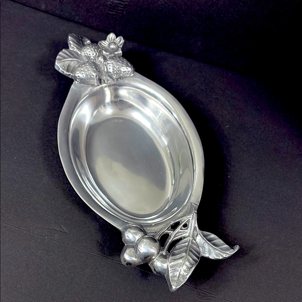 Vintage  Pewter Handmade Centerpiece Bowl With Cherry/Strawberry Handles